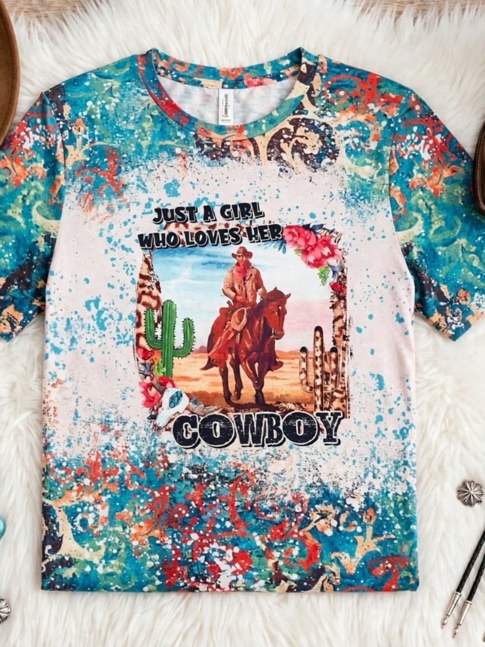 'Just a Girl Who Loves Her Cowboy' Graphic Tee - Teal Multi NWT 2X